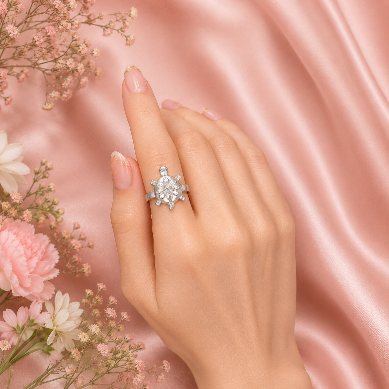 Silver Aama (Turtle) Ring – Oxidized Floral Design