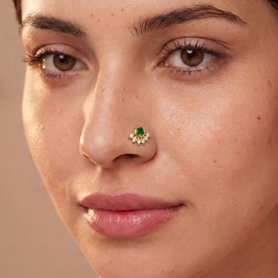 Emerald Crown Gold-Plated Silver Nose Pin