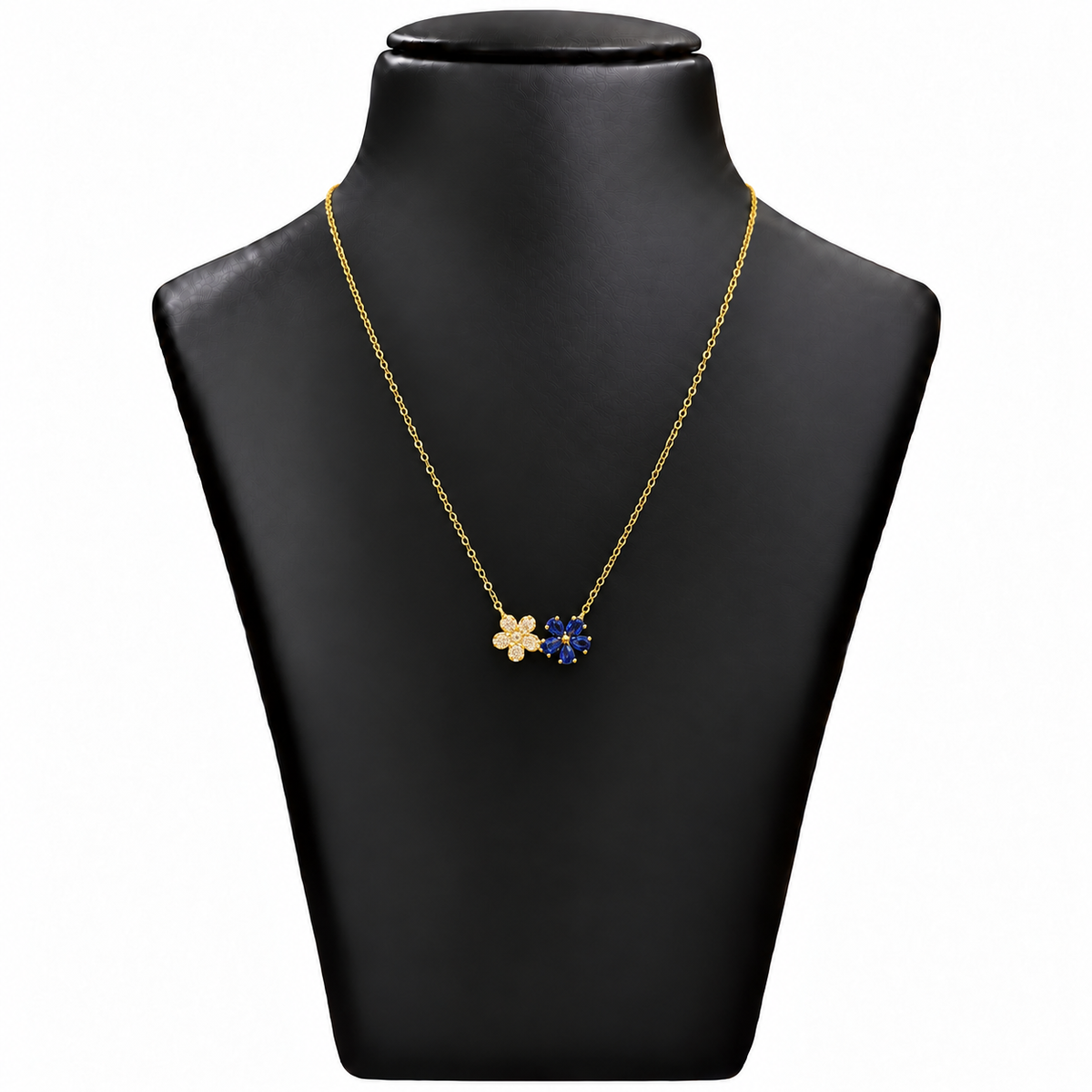18K Gold Blue & White Stone Double Flower Chain