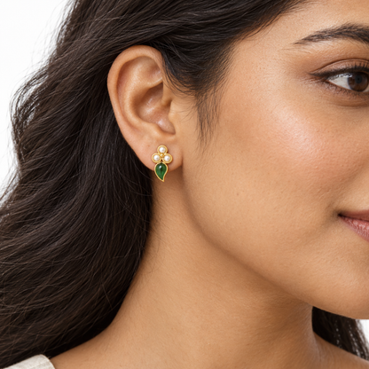 Emerald Leaf Pearl Golden Earrings