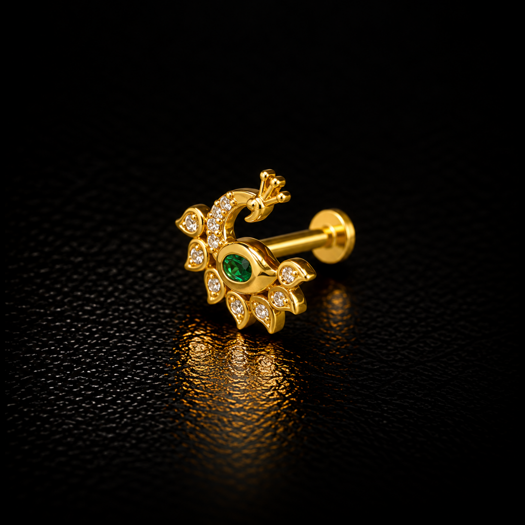 Emerald Mayura Gold-Plated Silver Nose Pin