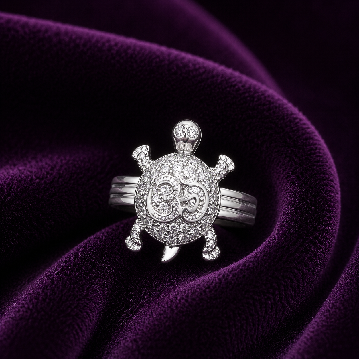 Silver Om Aama Ring – CZ Turtle Design Adjustable Ring