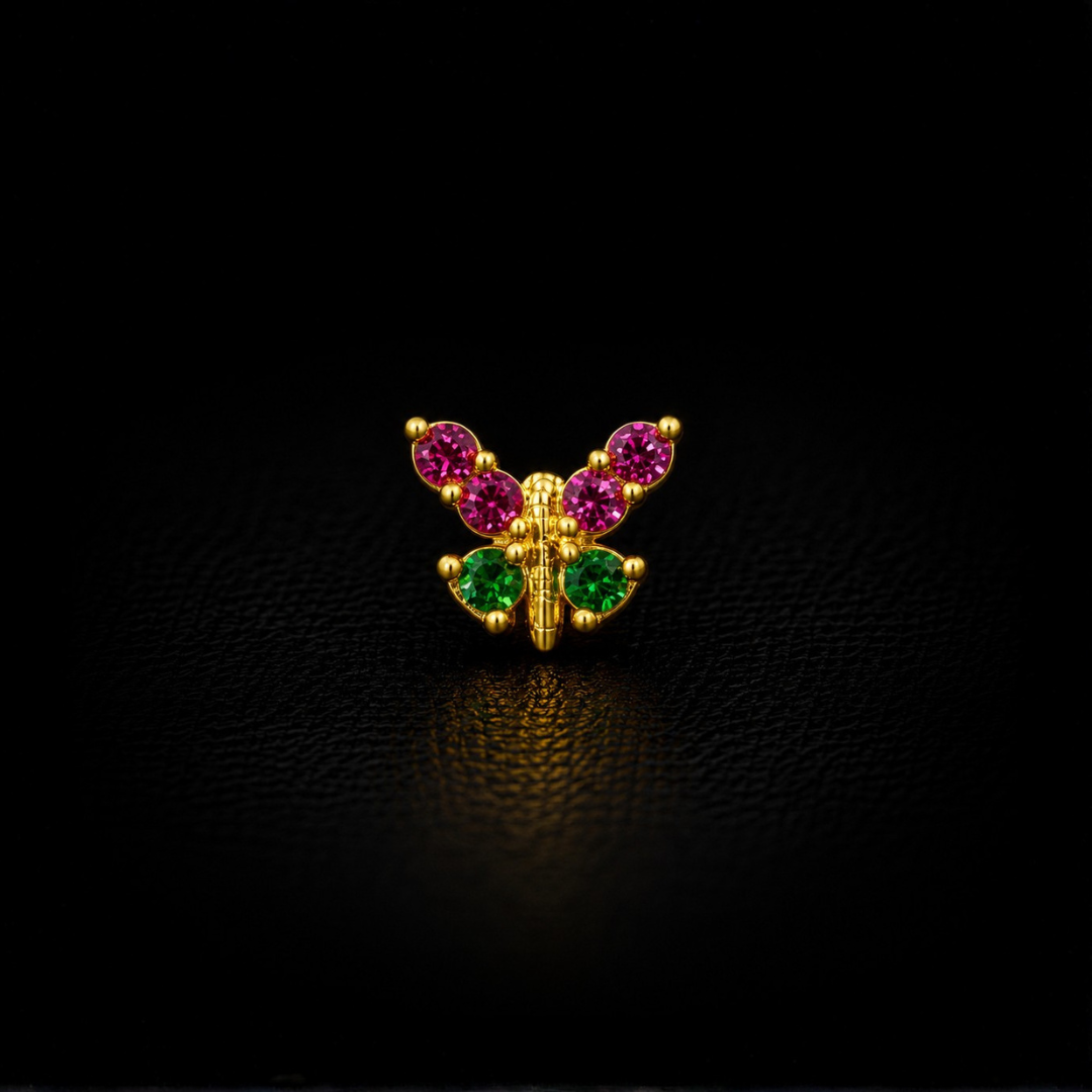 Ruby Emerald Butterfly Gold-Plated Silver Nosepin