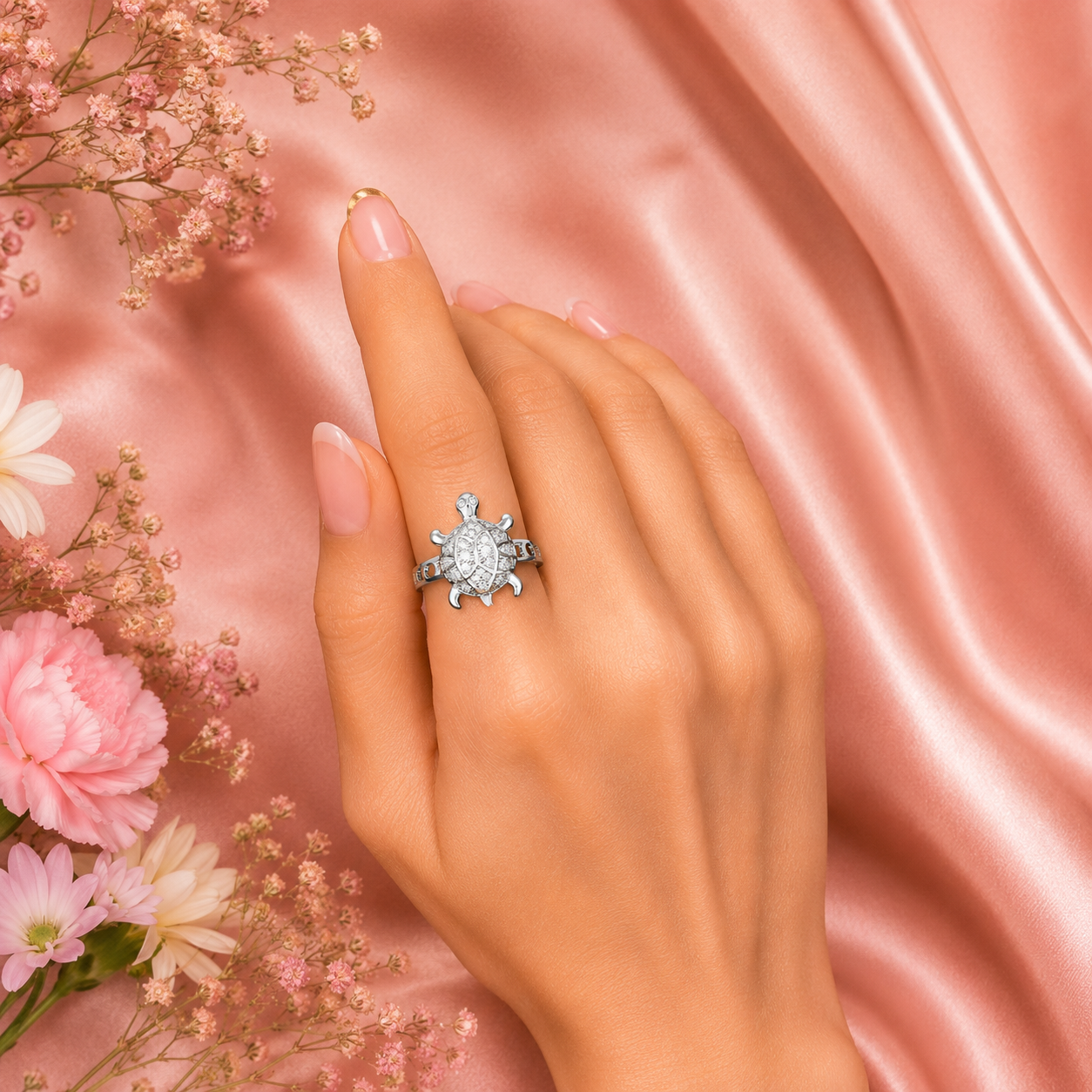 Silver CZ Aama (Turtle) Ring – Elegant Nature-Inspired Statement Ring