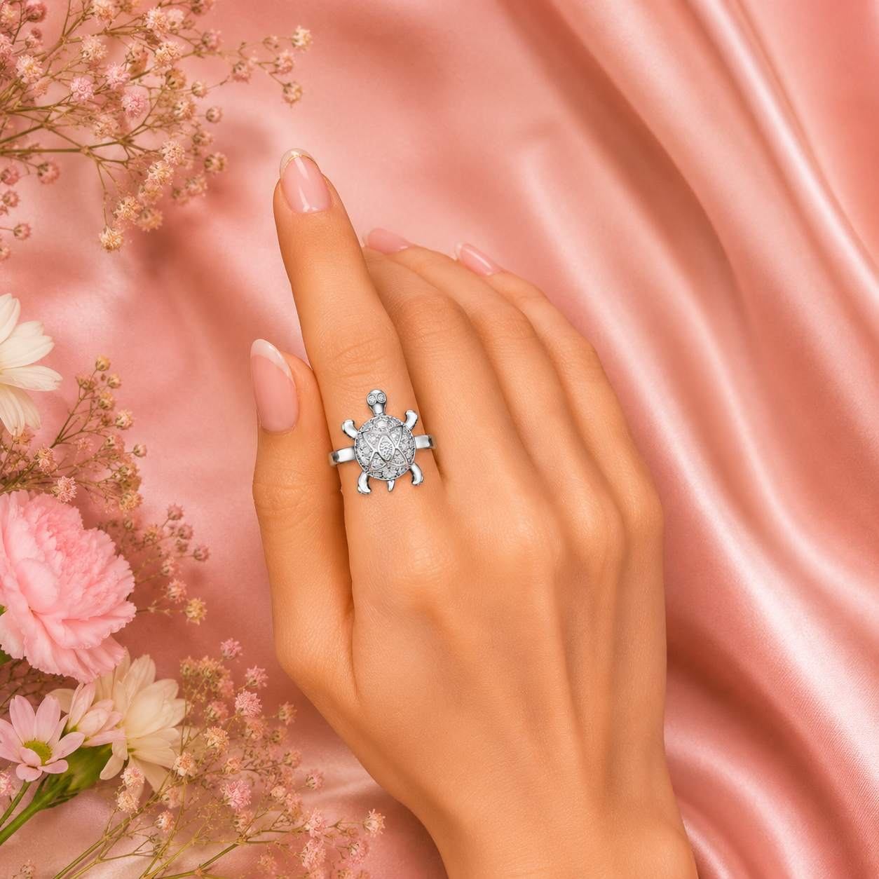 Silver Turtle (Aama) CZ Ring – Rhodium-Plated Sterling Silver
