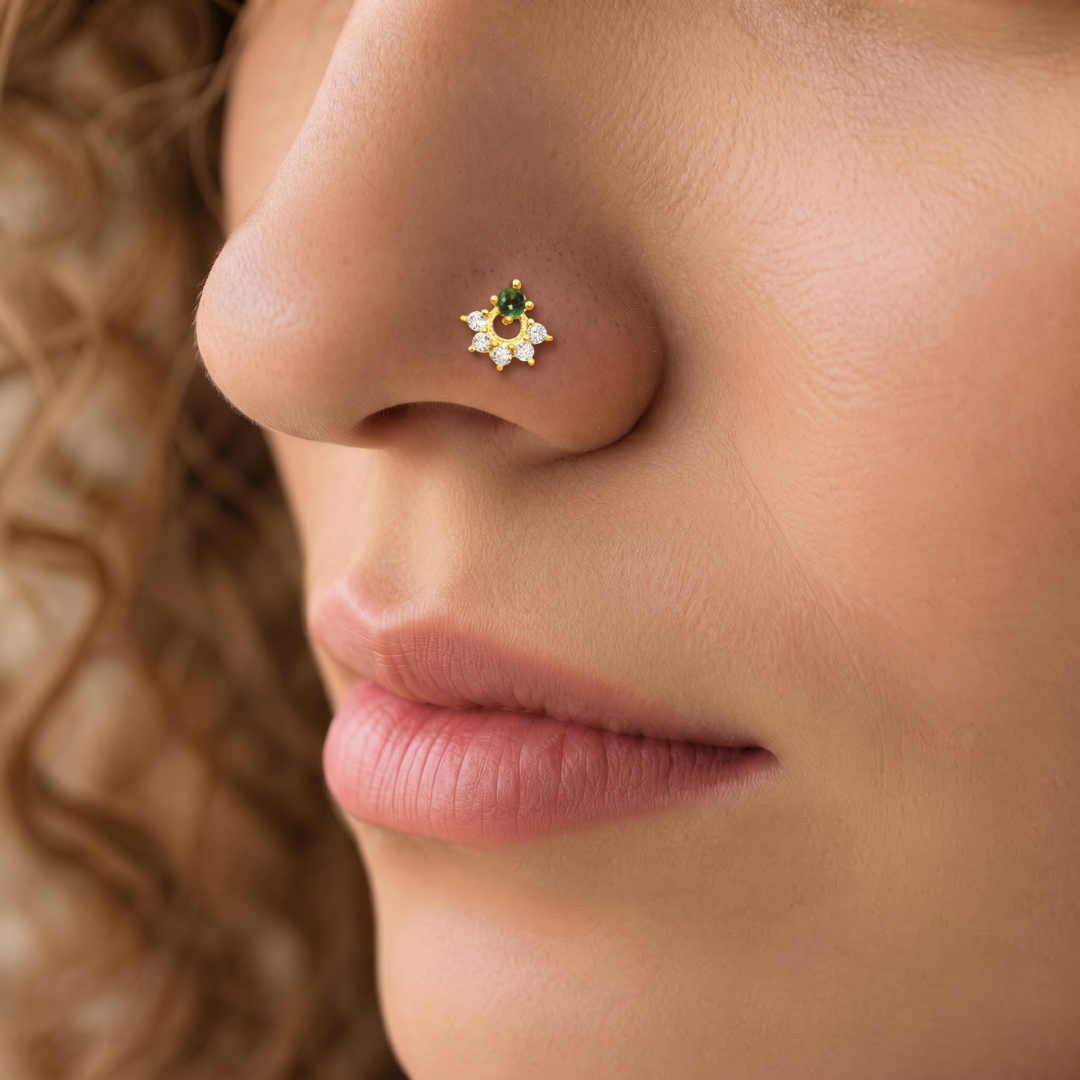 Emerald Halo Gold-Plated Silver Nose Pin