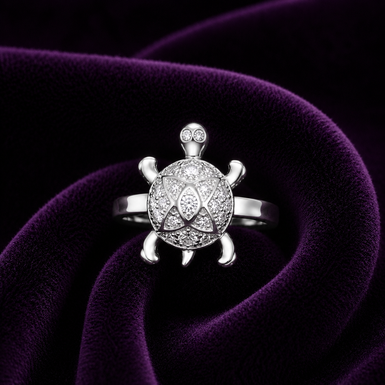 Silver Turtle (Aama) CZ Ring – Rhodium-Plated Sterling Silver
