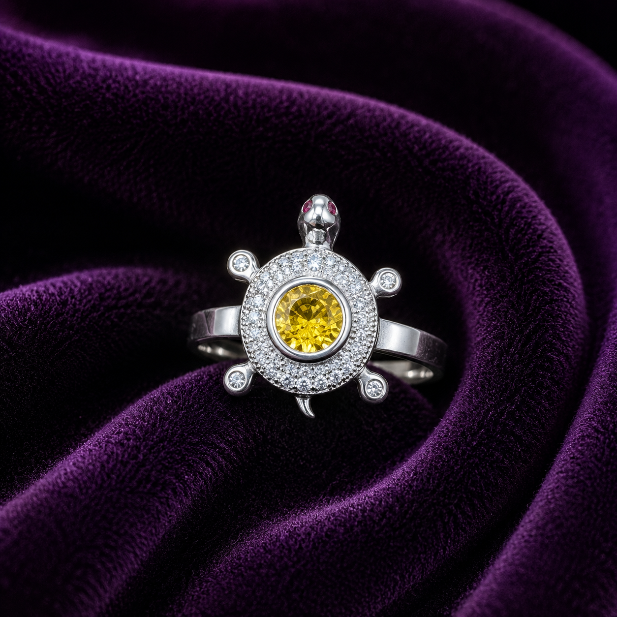 Silver Turtle Halo Ring with Yellow CZ Stone