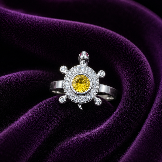 Silver Turtle Halo Ring with Yellow CZ Stone SIZE10