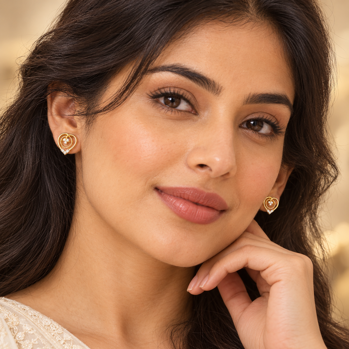 Gold Double Heart Diamond Cluster Stud Earrings