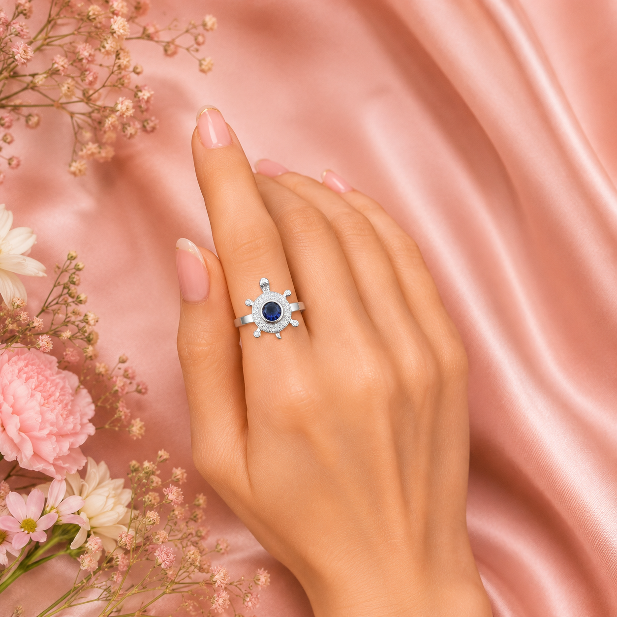 Silver Sapphire Turtle Halo Ring