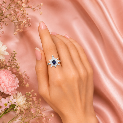 Silver Sapphire Turtle Halo Ring SIZE13