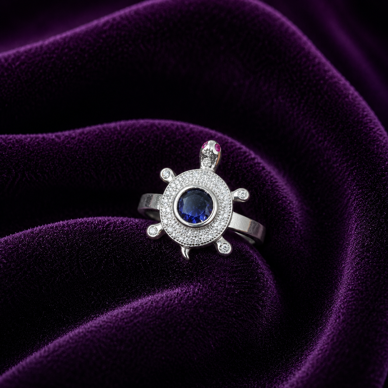 Silver Sapphire Turtle Halo Ring
