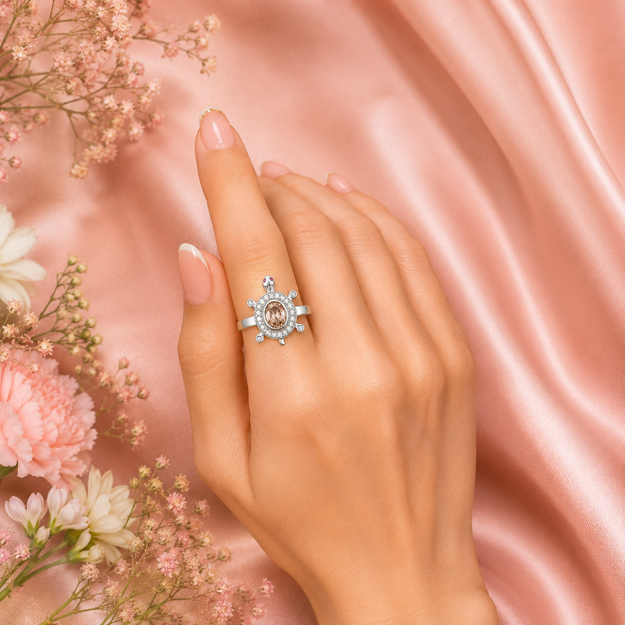 Silver Turtle Halo Ring with Champagne Center Stone