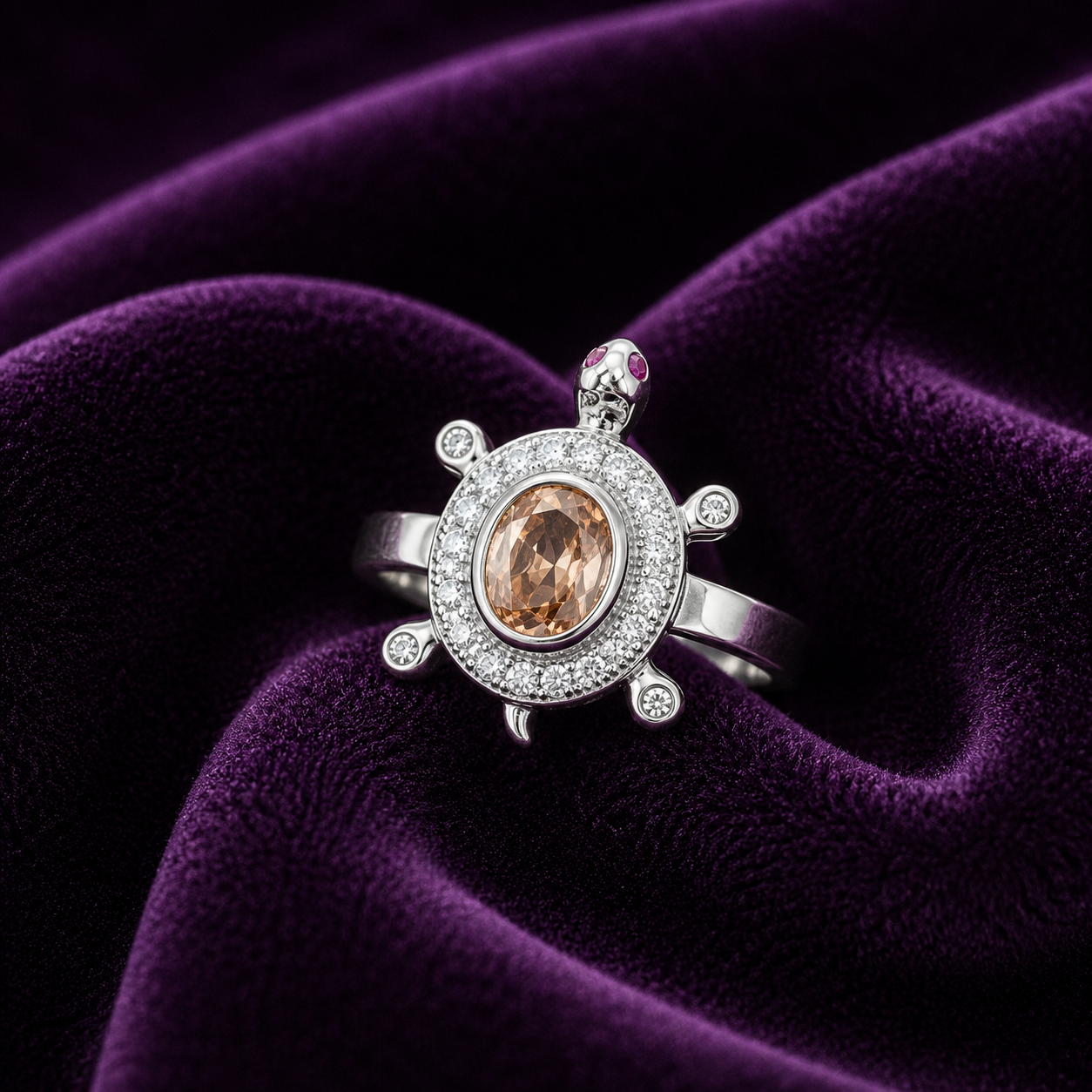 Silver Turtle Halo Ring with Champagne Center Stone