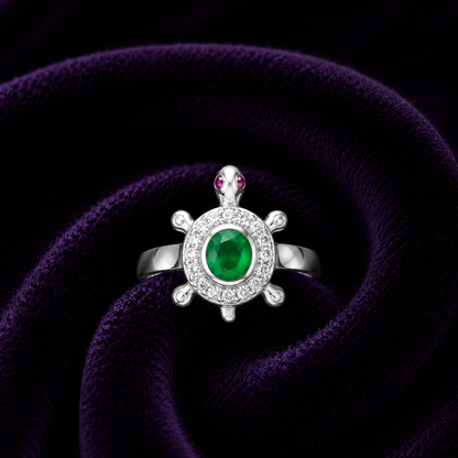 Sterling Silver Emerald Turtle Halo Ring SIZE10