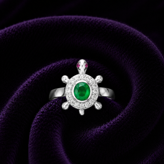 Sterling Silver Emerald Turtle Halo Ring