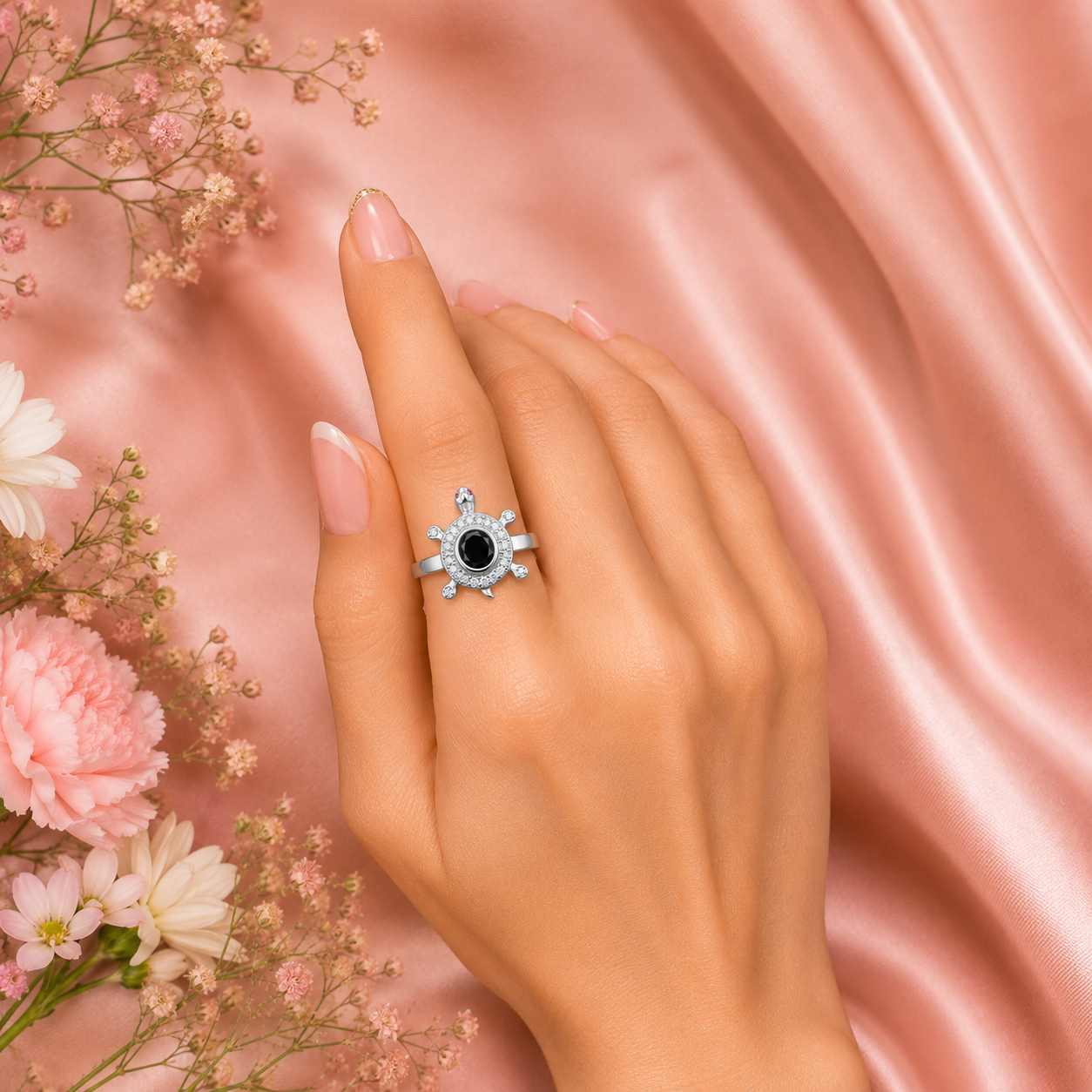 Silver Black Stone Turtle Halo Ring