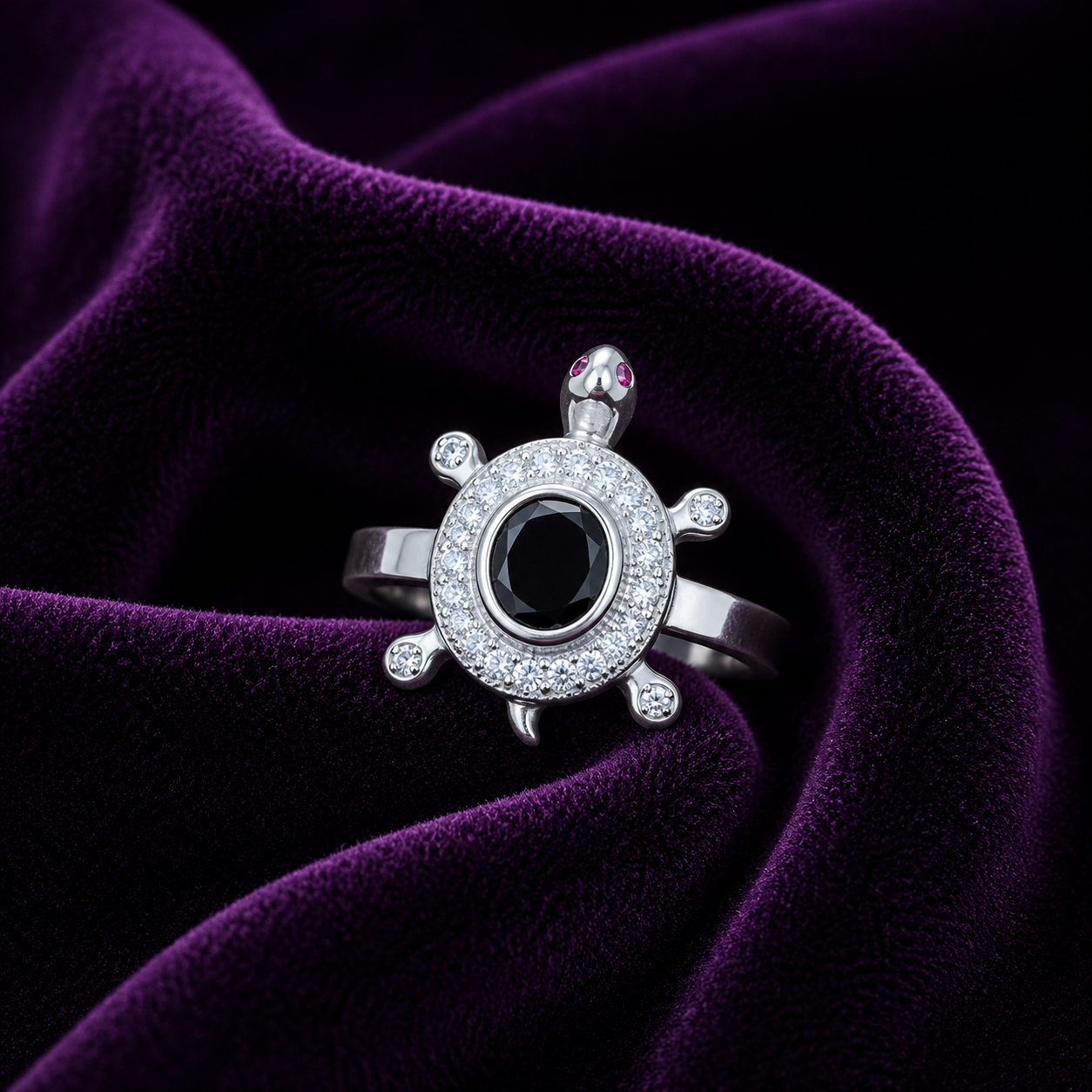 Silver Black Stone Turtle Halo Ring