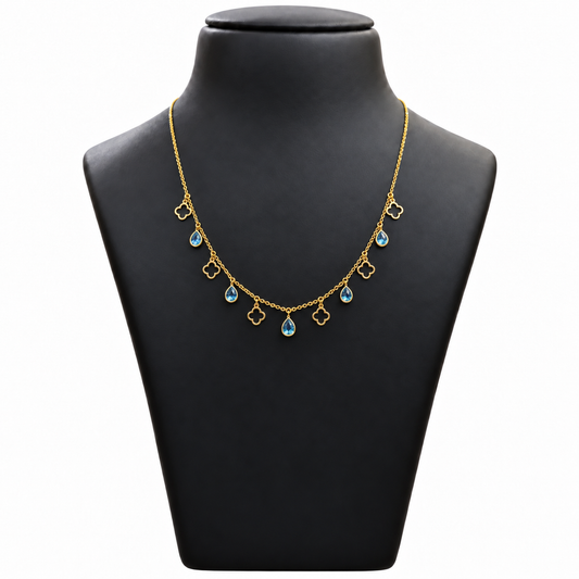 18K Gold Clover and Blue Teardrop Charm Chain – 18 Inch