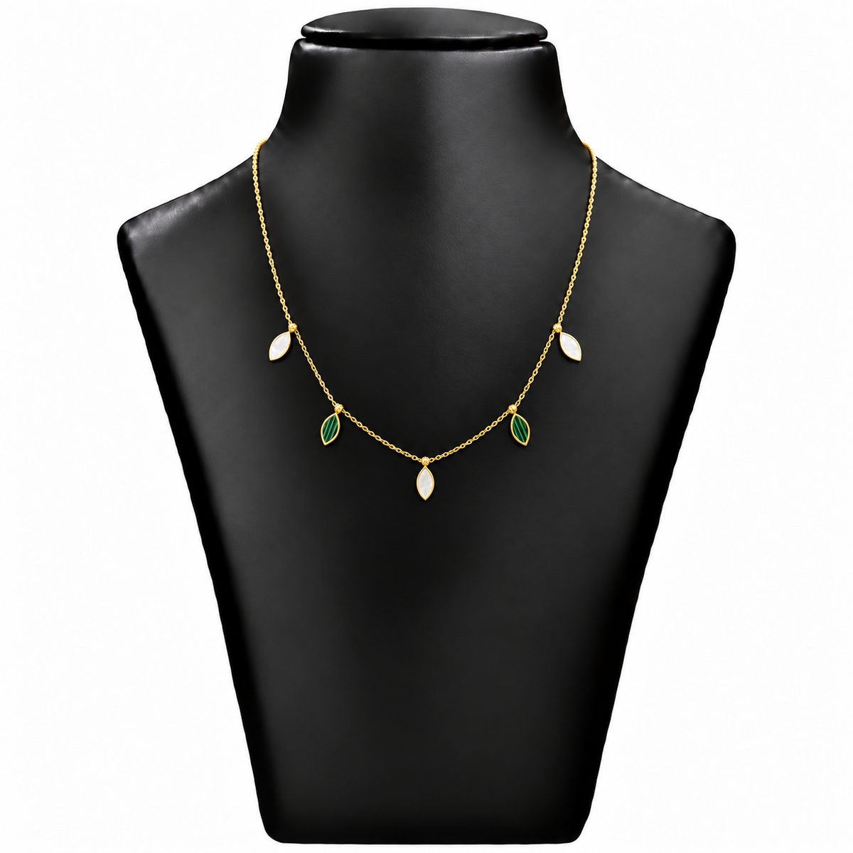 18K Gold Green and White Leaf Drop Chain