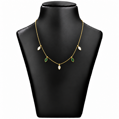 18K Gold Green and White Leaf Drop Chain