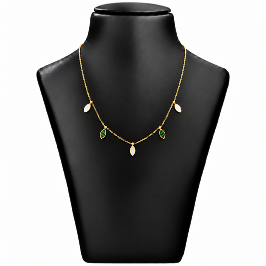 18K Gold Green and White Leaf Drop Chain