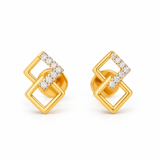 Gold Interlocking Square Diamond Stud Earrings