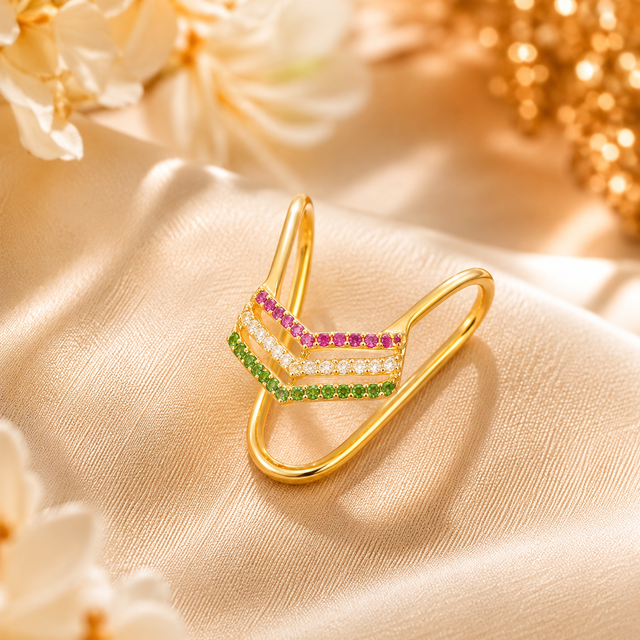 Silver Chevron Vanki Ring with Ruby, White & Emerald
