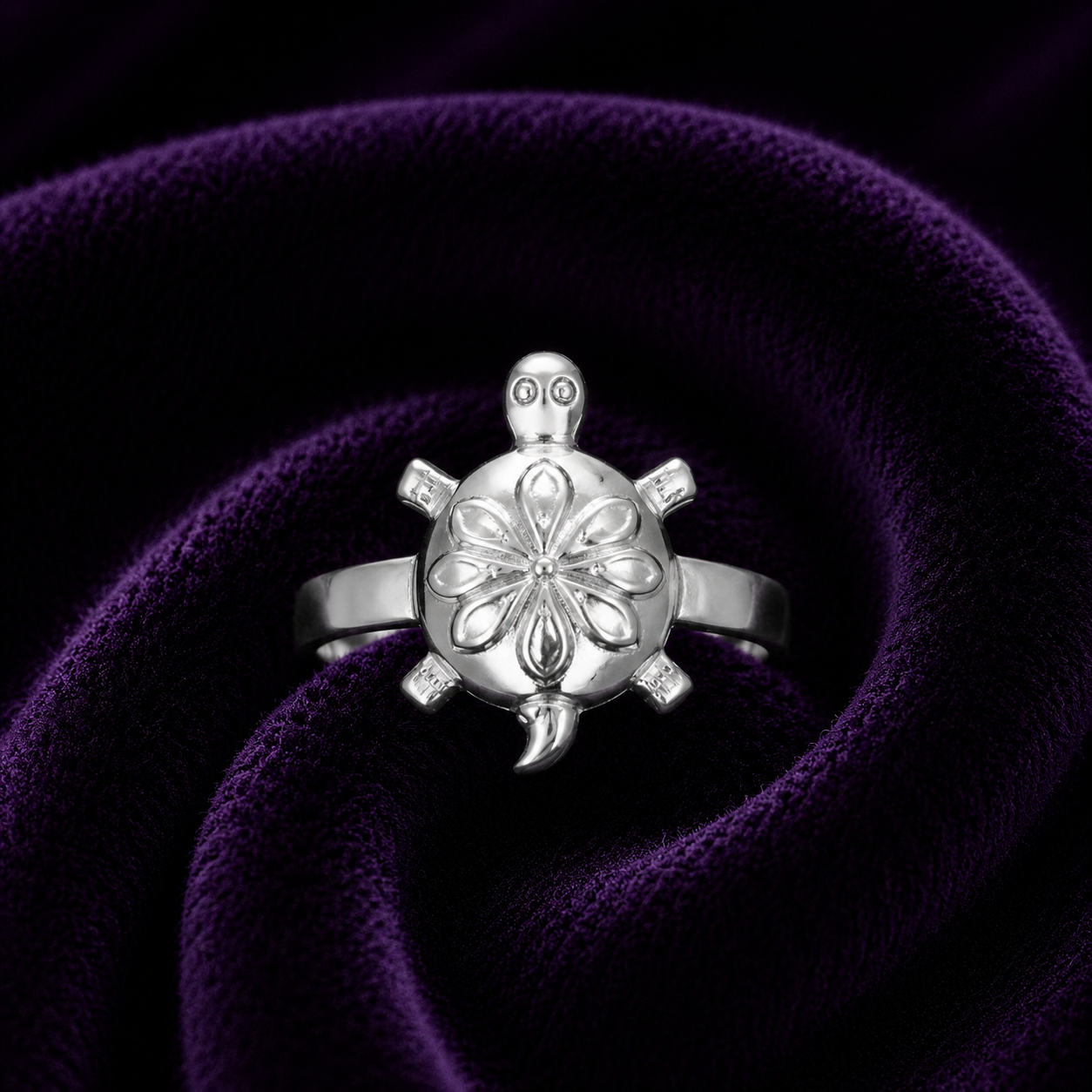 Silver Aama (Turtle) Ring – Oxidized Floral Design