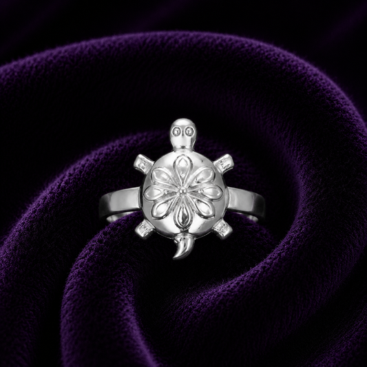Silver Aama (Turtle) Ring – Oxidized Floral Design SIZE13