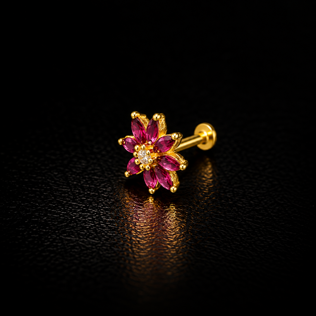 Ruby Blossom Gold-Plated Silver Nose Pin