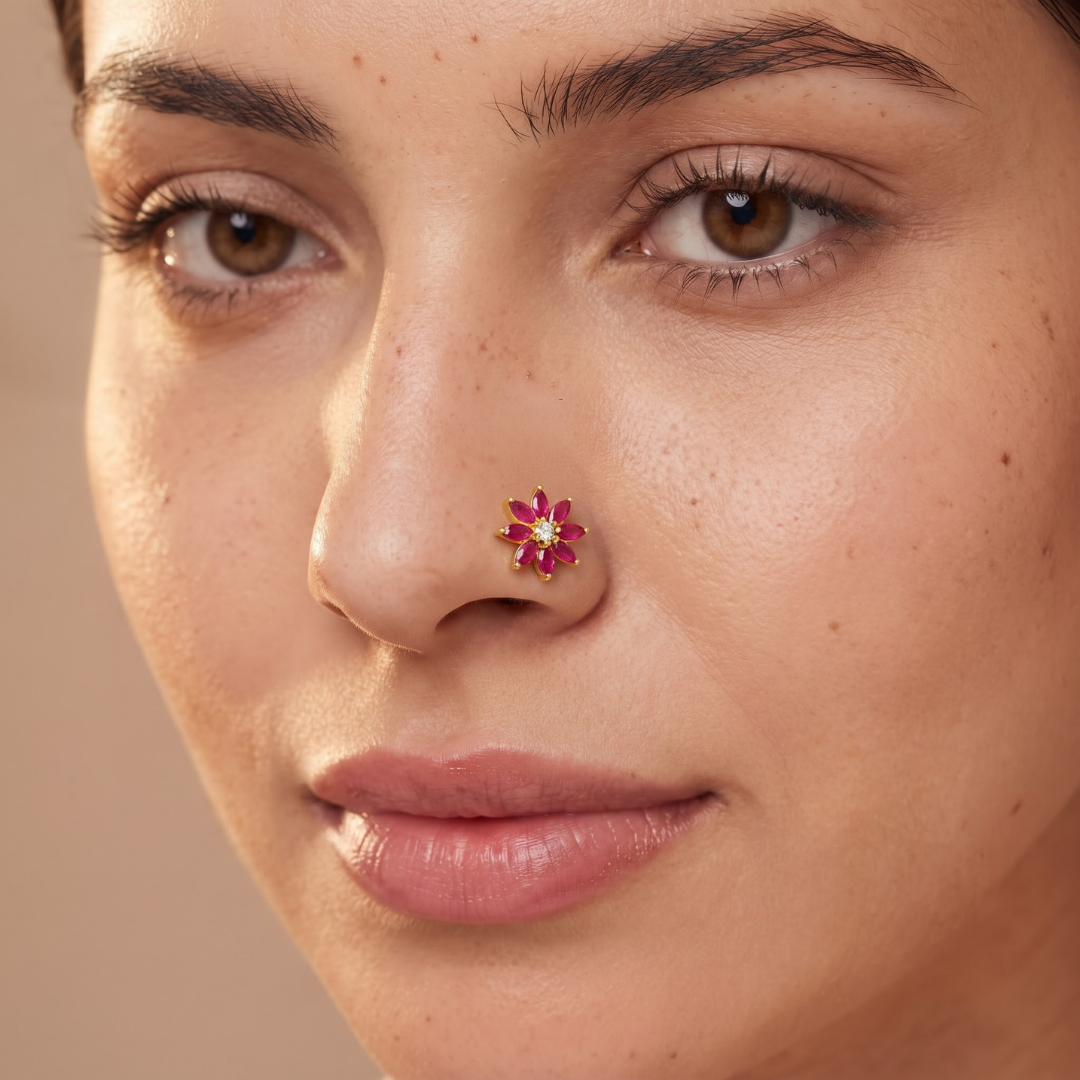 Ruby Blossom Gold-Plated Silver Nose Pin