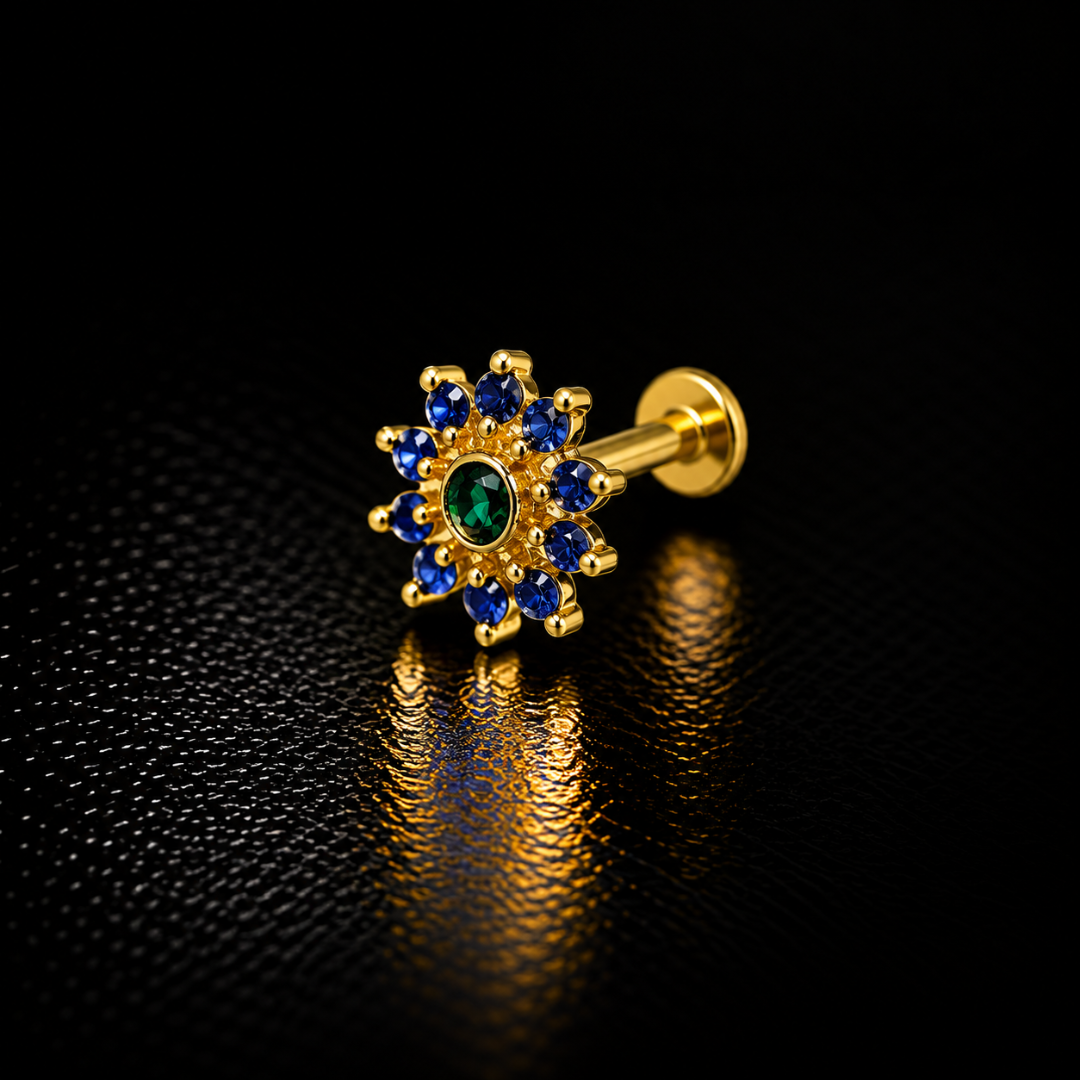 Emerald Sapphire Bloom Gold-Plated Silver Nose Pin