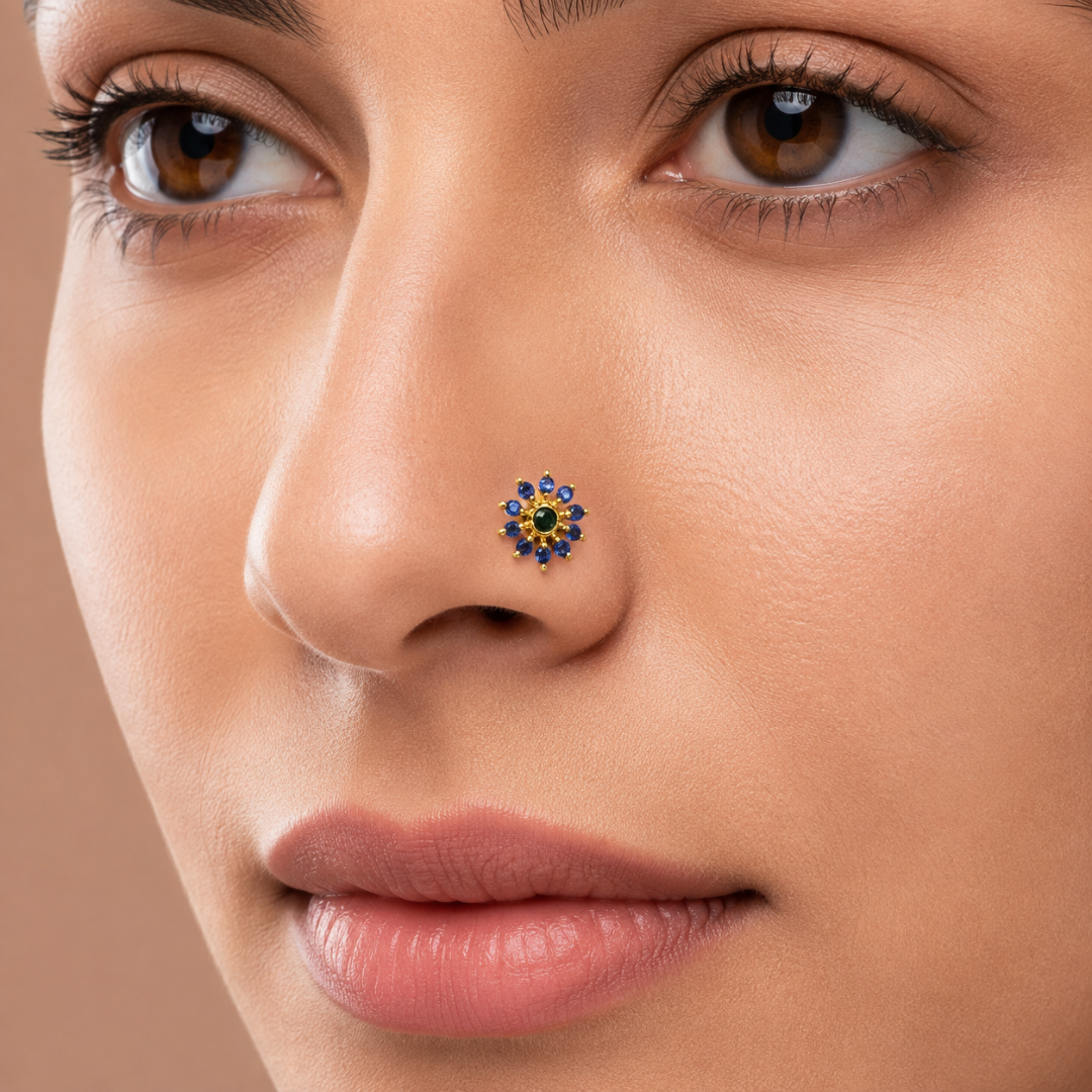 Emerald Sapphire Bloom Gold-Plated Silver Nose Pin