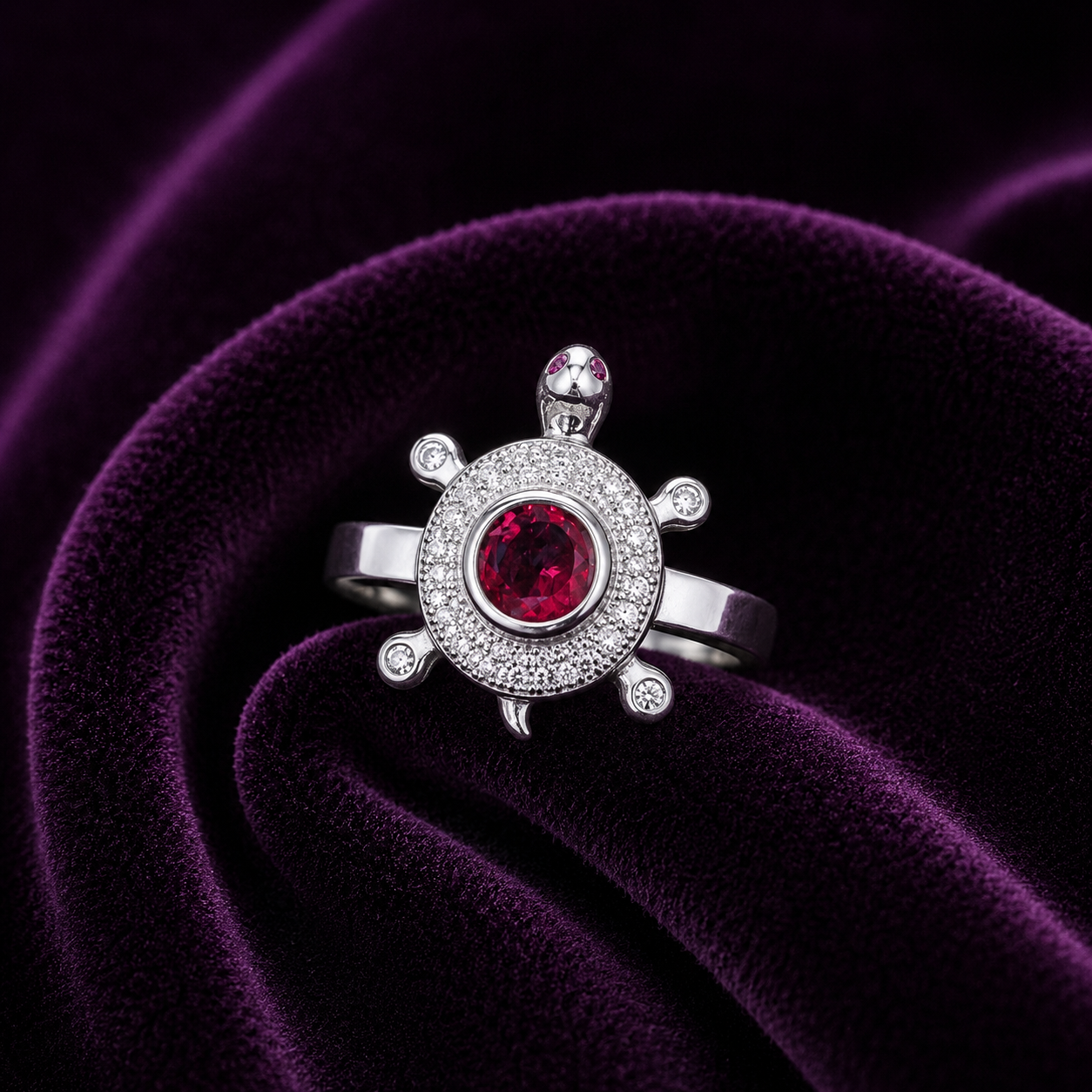 Silver Ruby Turtle Halo Ring