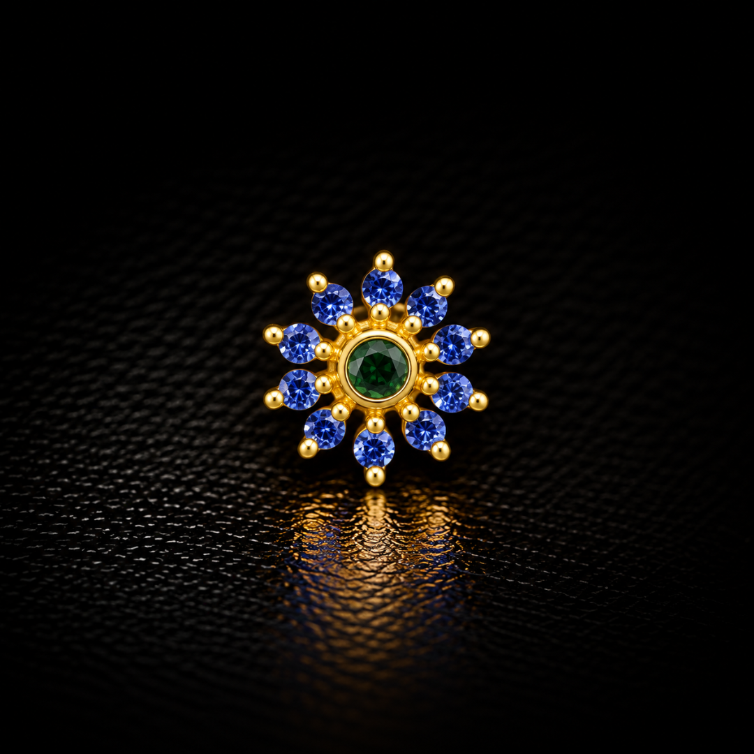 Emerald Sapphire Bloom Gold-Plated Silver Nose Pin