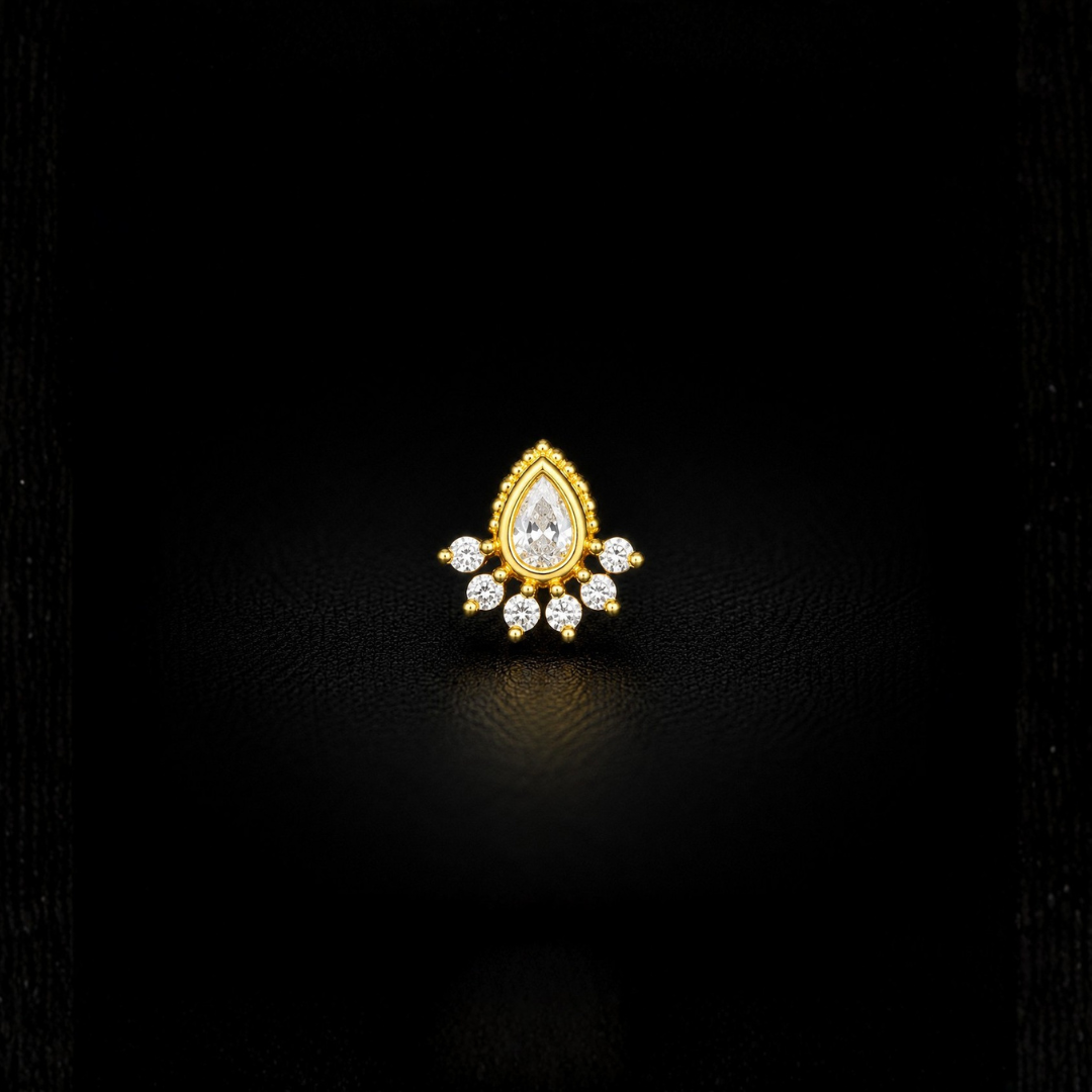 Gold Plated 925 Sterling Silver Pear CZ Nose Pin | Elegant Teardrop Design