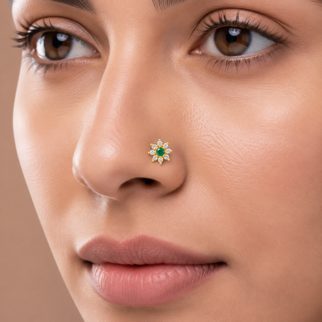 Emerald Starflower Gold-Plated Silver Nose Pin