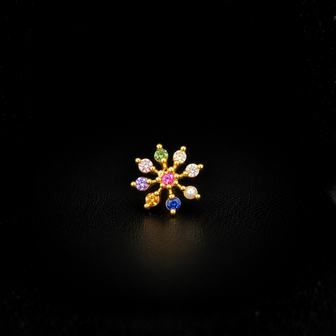 Gold Plated 92.5 Sterling Silver Multicolor Floral Nose Pin
