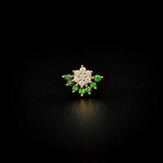 Gold Plated 925 Sterling Silver Floral Nose Pin with Green & White CZ Stones