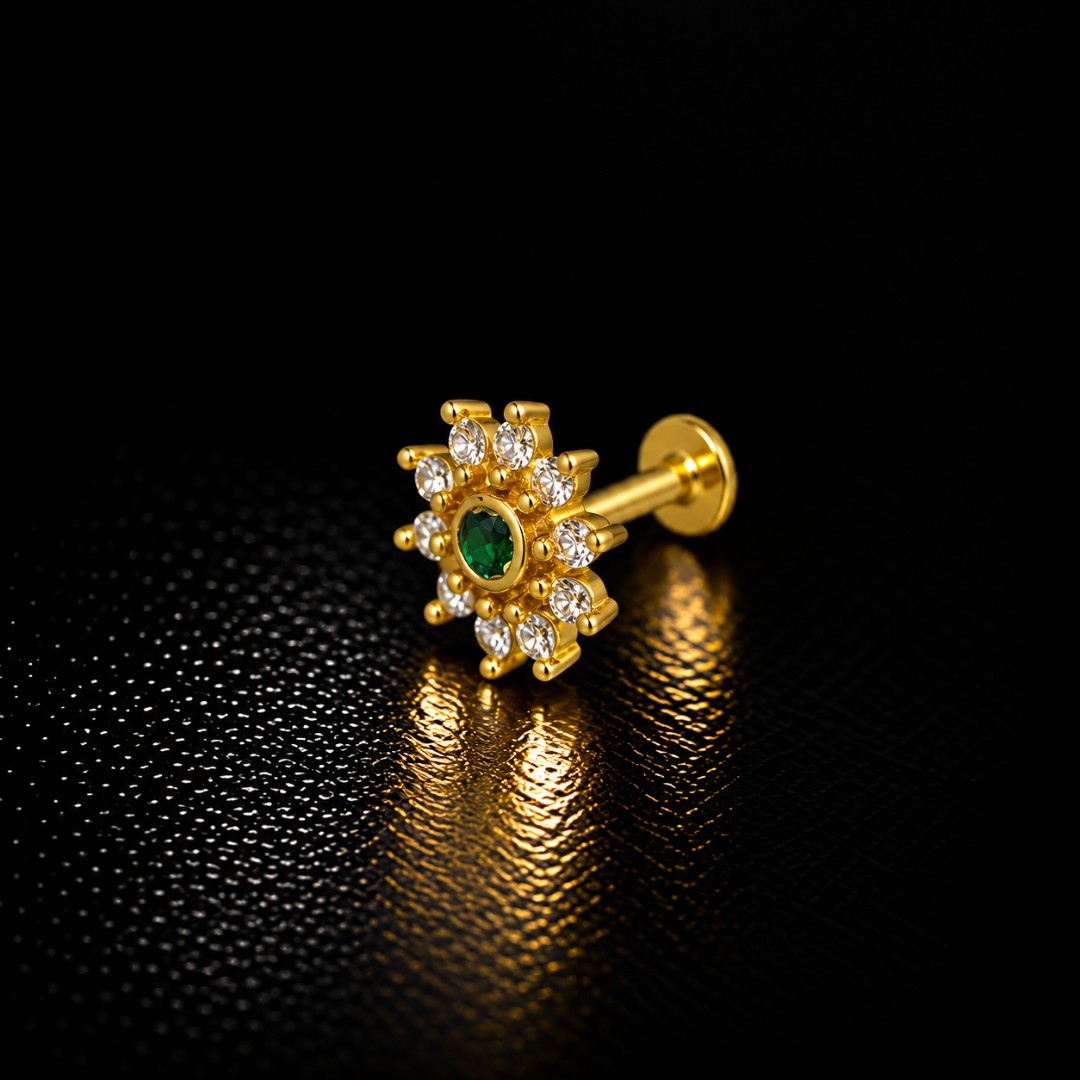 Emerald Sunburst Gold-Plated Silver Nose Pin