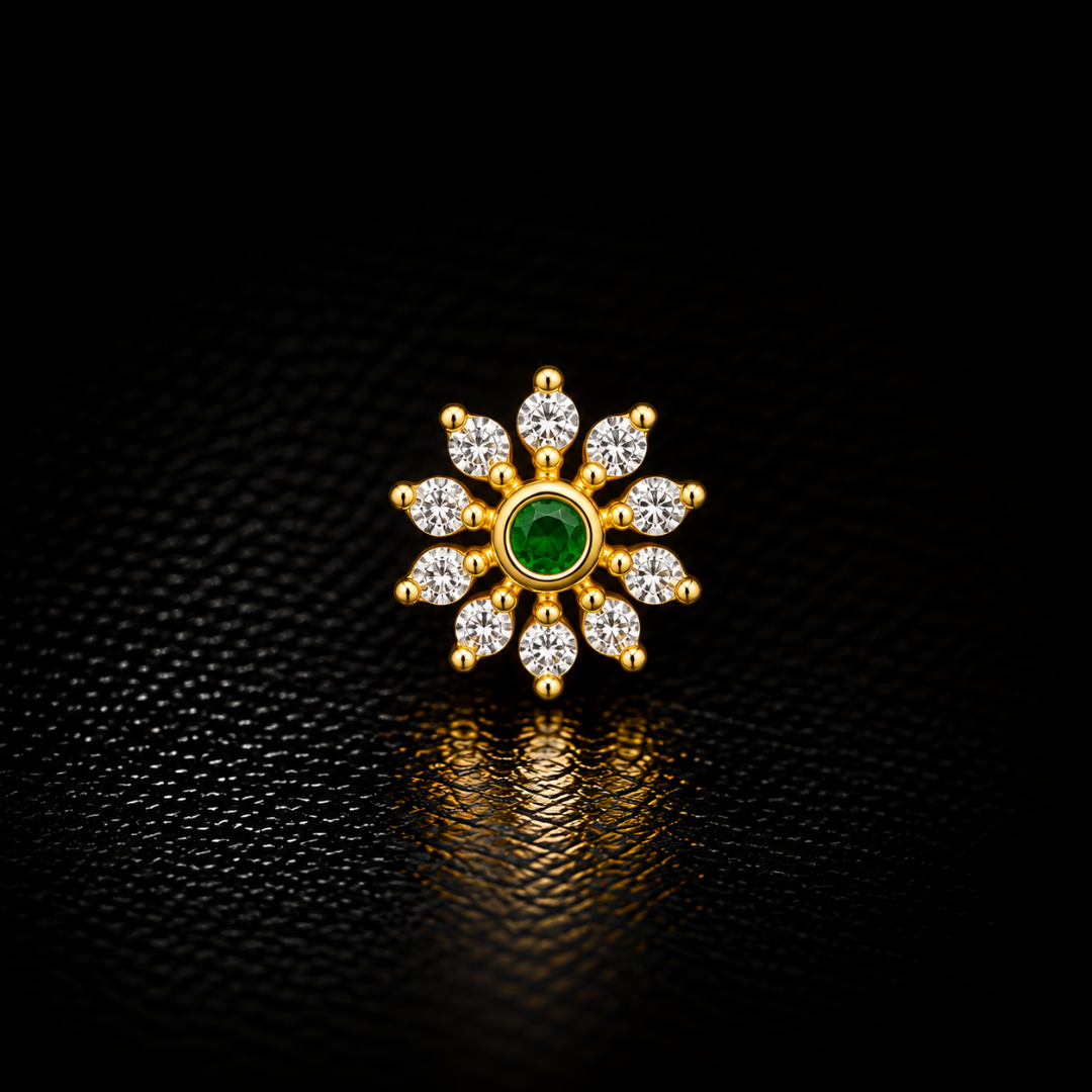 Emerald Sunburst Gold-Plated Silver Nose Pin