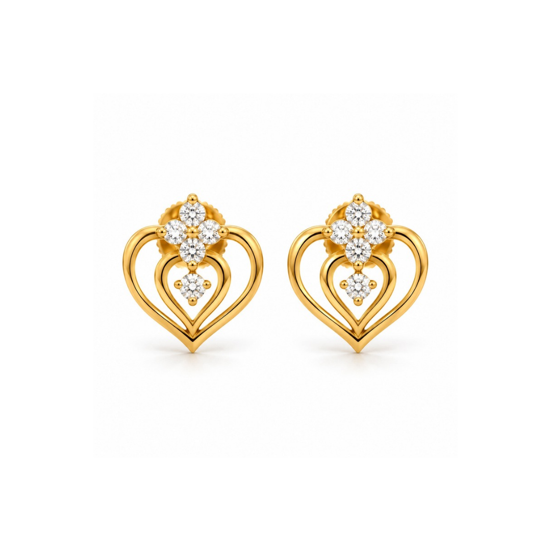 Gold Double Heart Floral Diamond Stud Earrings