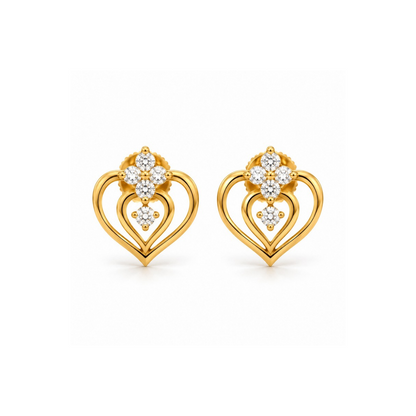 Gold Double Heart Floral Diamond Stud Earrings