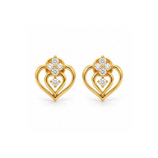 Gold Double Heart Floral Diamond Stud Earrings