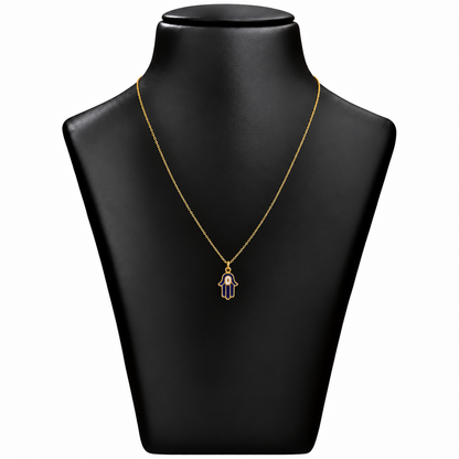 18K Gold Blue Hamsa Hand Pendant Chain