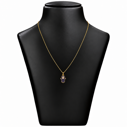 18K Gold Blue Hamsa Hand Pendant Chain