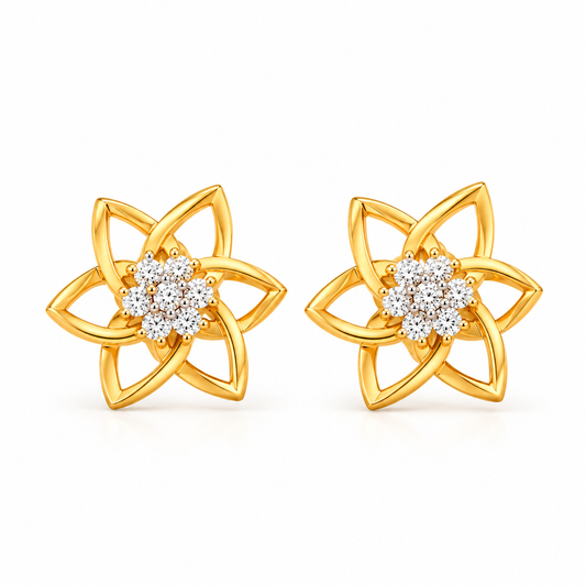 Gold Six Petal Floral Diamond Cluster Stud Earrings