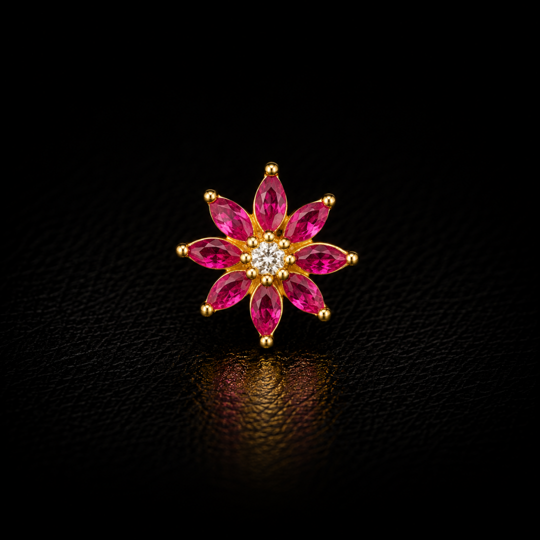 Ruby Blossom Gold-Plated Silver Nose Pin